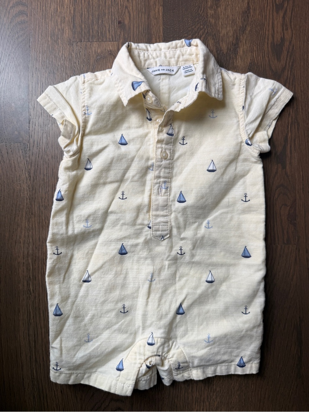 Janie and Jack Cream Polo Romper with Blue Sailboat & Anchor Print